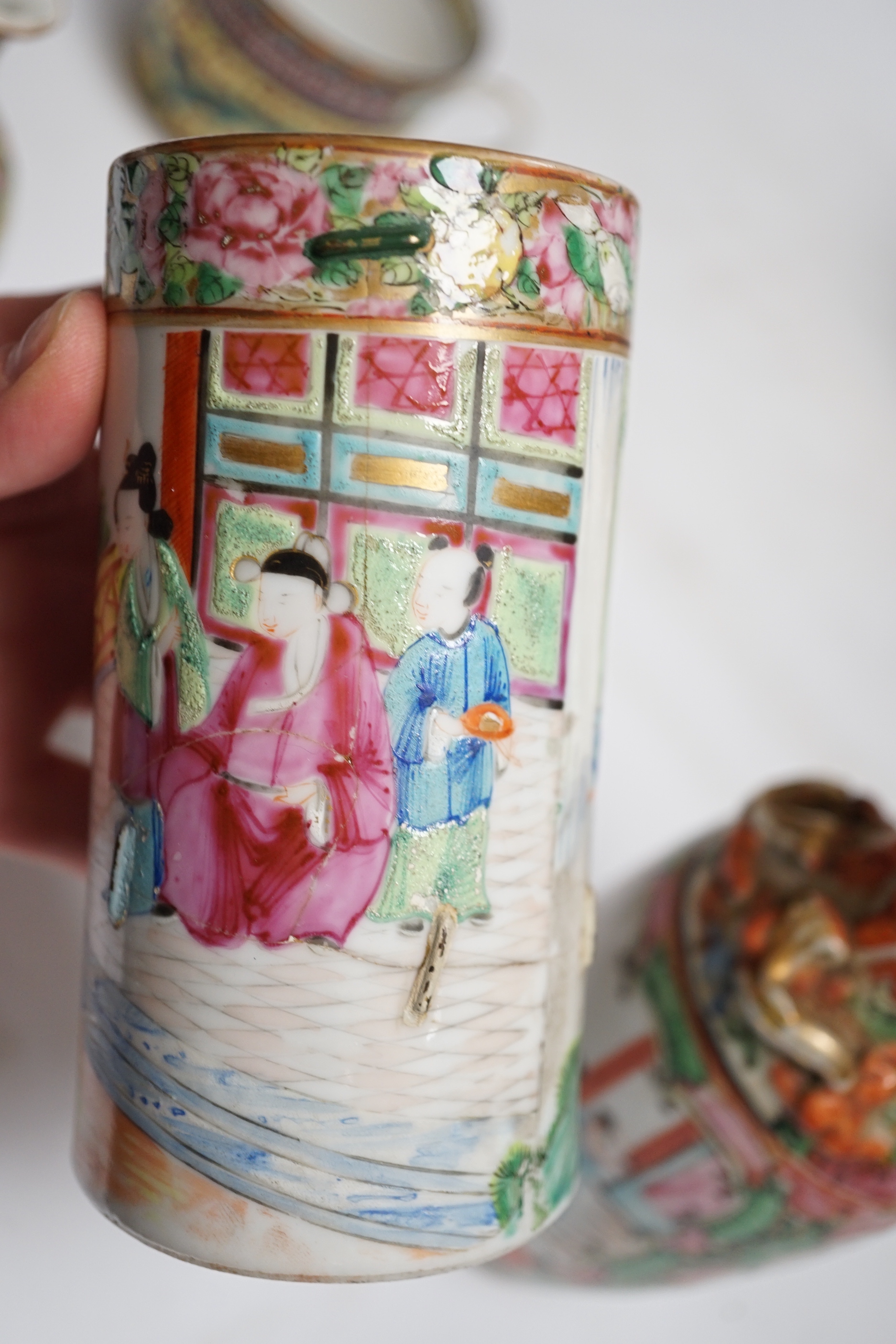Four Chinese famille rose vases, a dragon cup and miniature blue and white vase (6), tallest 25.5cm high